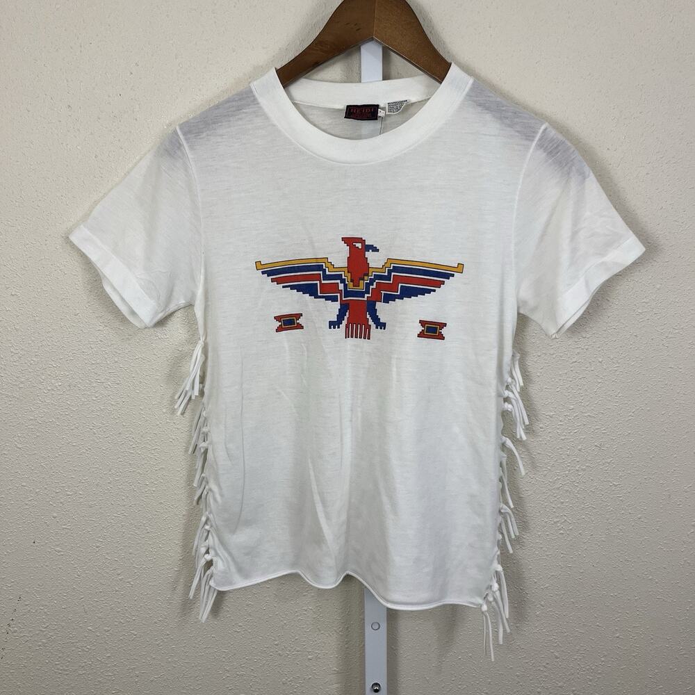 Vintage Single Stitch Reworked Fringe Graphic Tee Womens XS S White Western